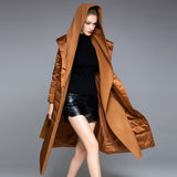 autumn and winter stitching white duck down jacket women's long lace-up hooded thick winter coat