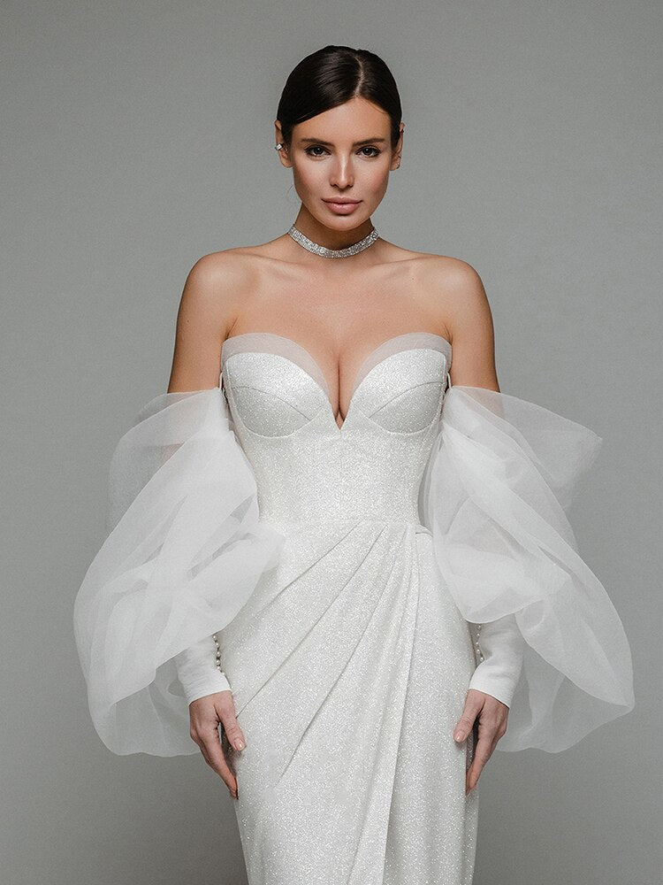 VC White Wedding Dress Women Elegant Beautiful Bride Wear Ruched Design Sparkle Long Sleeve Maxi Dresses Summer 2023