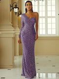 One Shoulder Long Sleeve Mermaid Hem Purple Sequin Formal Dress XH2199