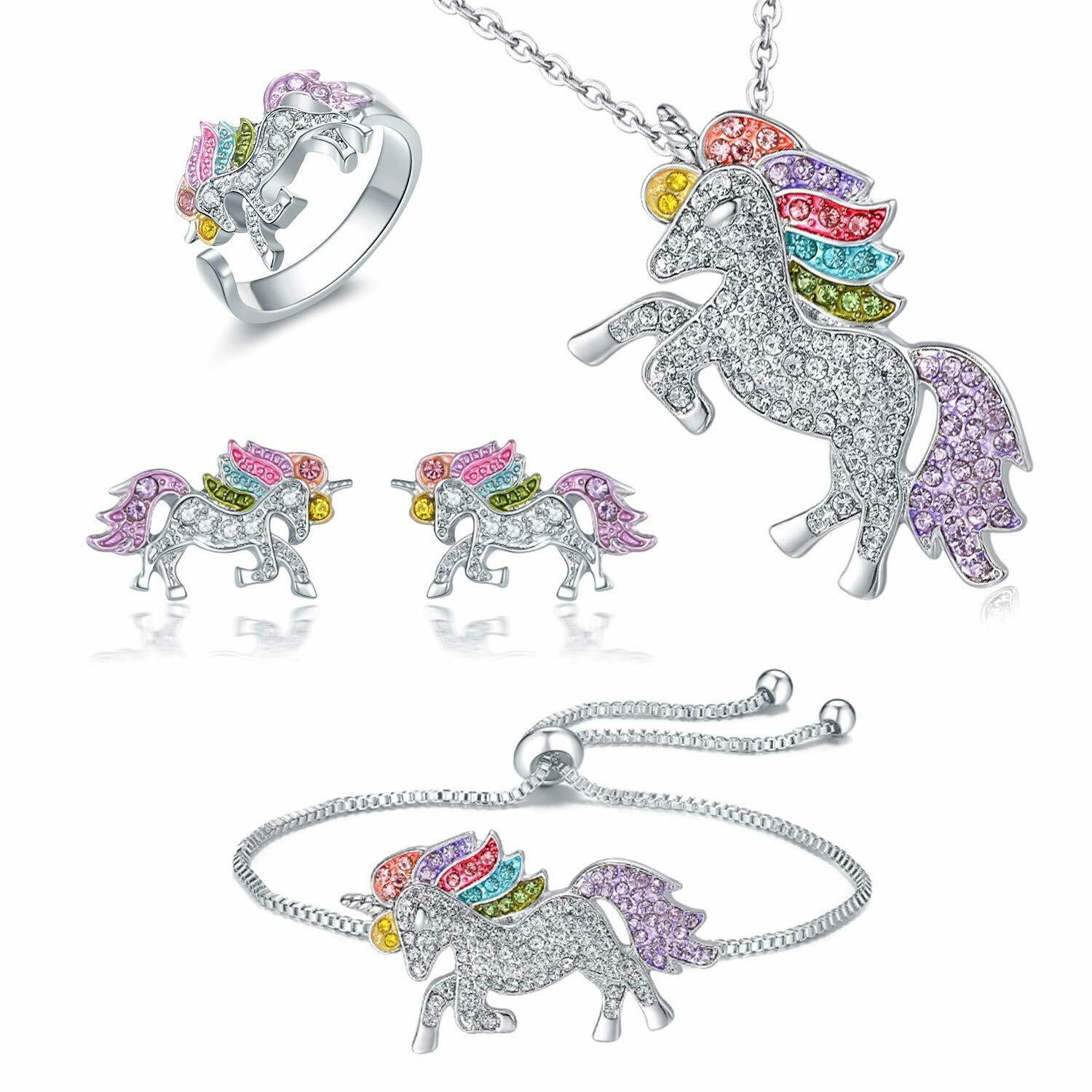 Unique Crystal Unicorn Rings Necklace Bracelet Earrings Jewelry Set for Women Cute Cartoon Rainbow Horse Accessories Jewelry