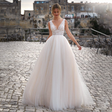 Chic V-Neck Gliter Tulle Wedding Dresses For Women  Boho Lace Appliques A-Line Bridal Gown Open Back Sleeveless Floor Length
