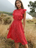Chiffon Dress Women Elegant Summer Floral Print Ruffle A-line Sundress Casual Fitted Clothes To Knees  Red Dresses For Women