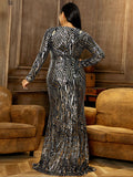 Formal V Neck Sequin Mermaid Maxi Black Prom Dress XH1682