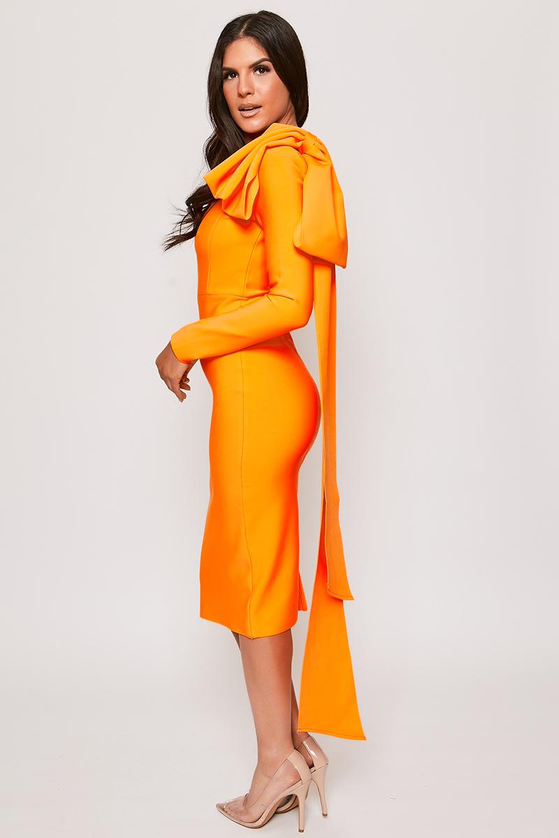 Mariella - Orange One Shoulder Bandage Midi Dress