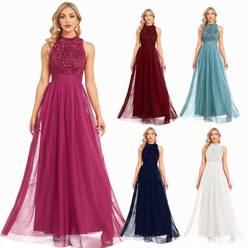 Elegant Evening Dresses O-Neck Sleeveless Sequin Tulle Print Floor Length  New Prom Party Dress For Women