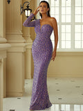 One Shoulder Long Sleeve Mermaid Hem Purple Sequin Formal Dress XH2199