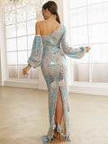 One Shoulder Off With Long Sleeve Blue Prom Sequin Dress XH2271