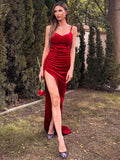 Split Ruched  Red Velvet Cami Prom Dress M0698