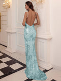 Backless Spaghetti Strap Mermaid Sequin Prom Dress M0645