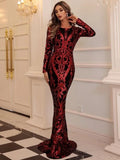Damask Red Sequin Mermaid Hem Prom Dress M0730