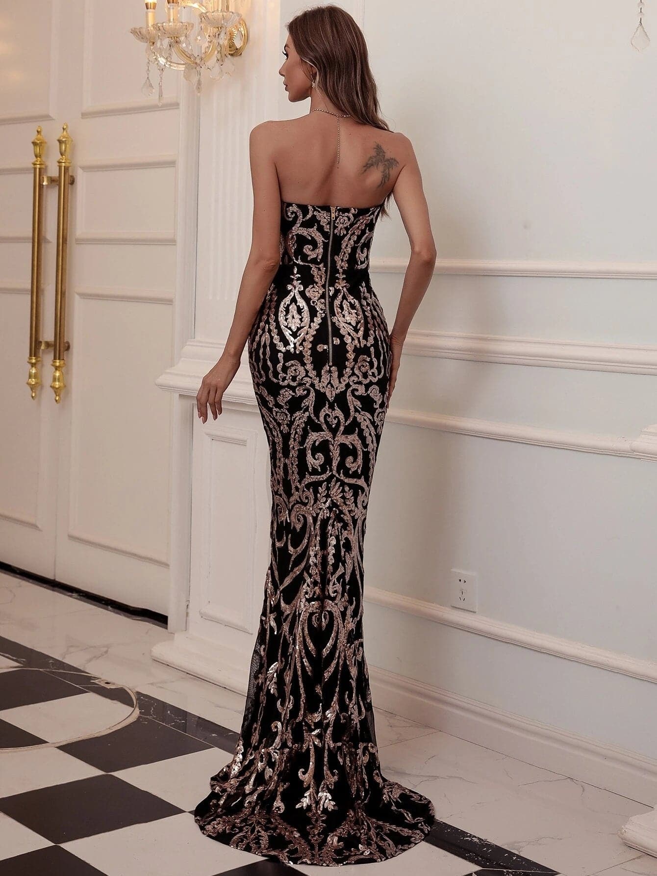 Zip Back Damask Black Maxi Sequin Prom Dress FT8888