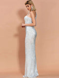 One Shoulder White Maxi Sequin Bodycon Prom Dress  FT20224