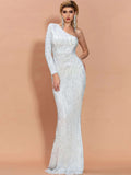 One Shoulder White Maxi Sequin Bodycon Prom Dress  FT20224