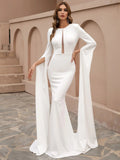 Split Sleeve Mesh Insert White Maxi Knit Prom Dress M0924 S-4XL