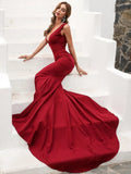 Double Deep V-neck Hem Red Maxi Knit Prom Dress M0763