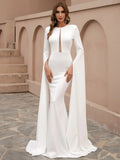 Split Sleeve Mesh Insert White Maxi Knit Prom Dress M0924 S-4XL