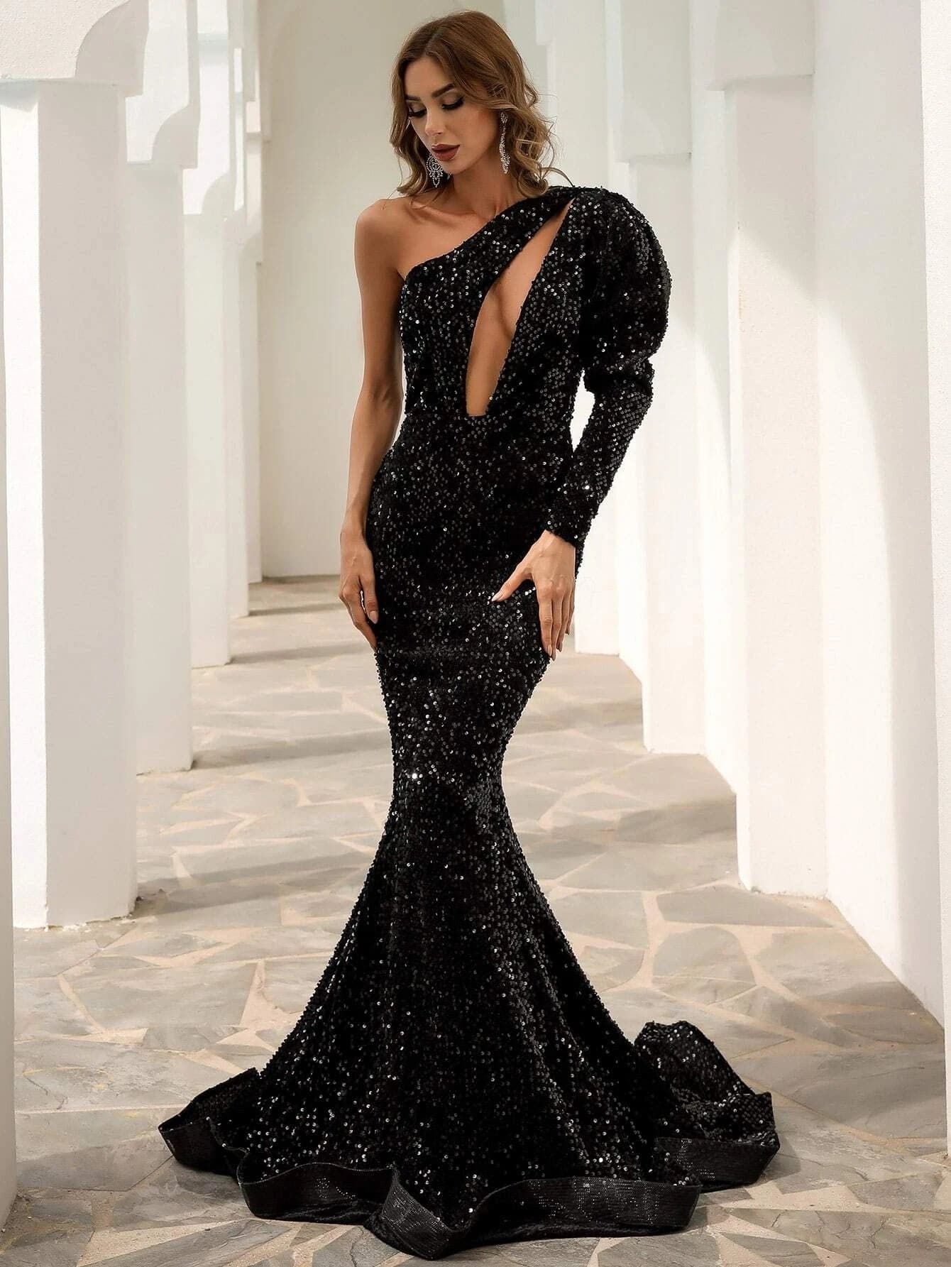 One Shoulder Cut Out Black Mermaid Sequin Prom Dress M0803 S-4XL