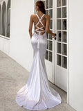 Plunging Neck Crisscross Tie Back White Satin Prom Dress M01111