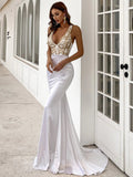 Plunging Neck Crisscross Tie Back White Satin Prom Dress M01111