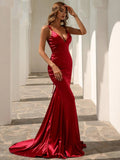 Lace Up Back Red Mermaid Satin Prom Dress M01077