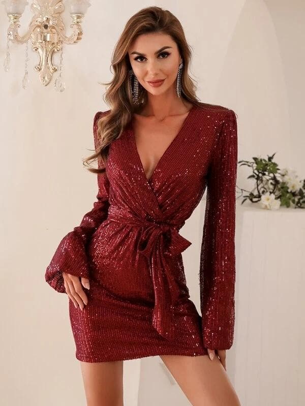 Plunging Neck Lantern Sleeve Belted Sequin Red Prom Dress M0971