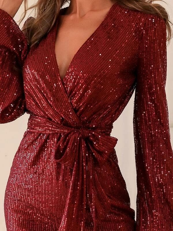 Plunging Neck Lantern Sleeve Belted Sequin Red Prom Dress M0971