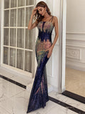 Double Strap Blue Maxi Sequin Prom Dress M0831