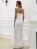 Mesh Insert Sequin Mermaid Hem White Maxi Prom Dress M01083