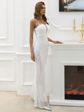 Mesh Insert Sequin Mermaid Hem White Maxi Prom Dress M01083
