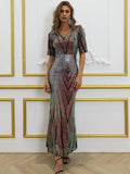 Mermaid Hem Half Sleeve Sequins Multicolor Maxi Prom Dress M01496