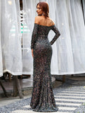 Elegant Off Shoulder Black Maxi Sequin Maxi Wedding Dress FT19290