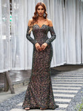 Elegant Off Shoulder Black Maxi Sequin Maxi Wedding Dress FT19290