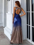 Cut Out Back Sequins Blue Maxi Prom Dress XH1061
