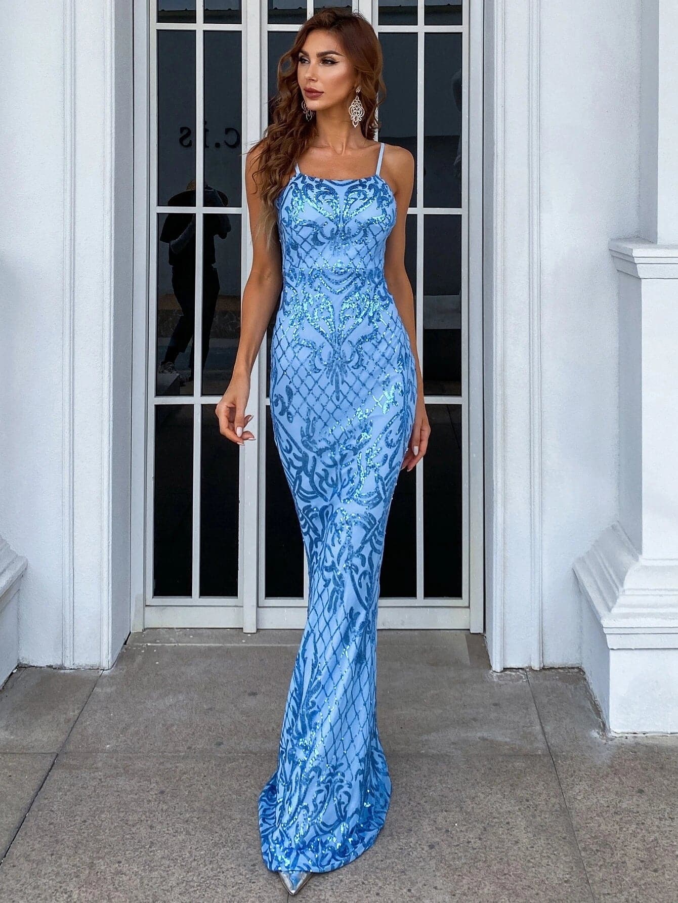 Zip Back Scroll Print Sequin Cami Prom Dress M01744