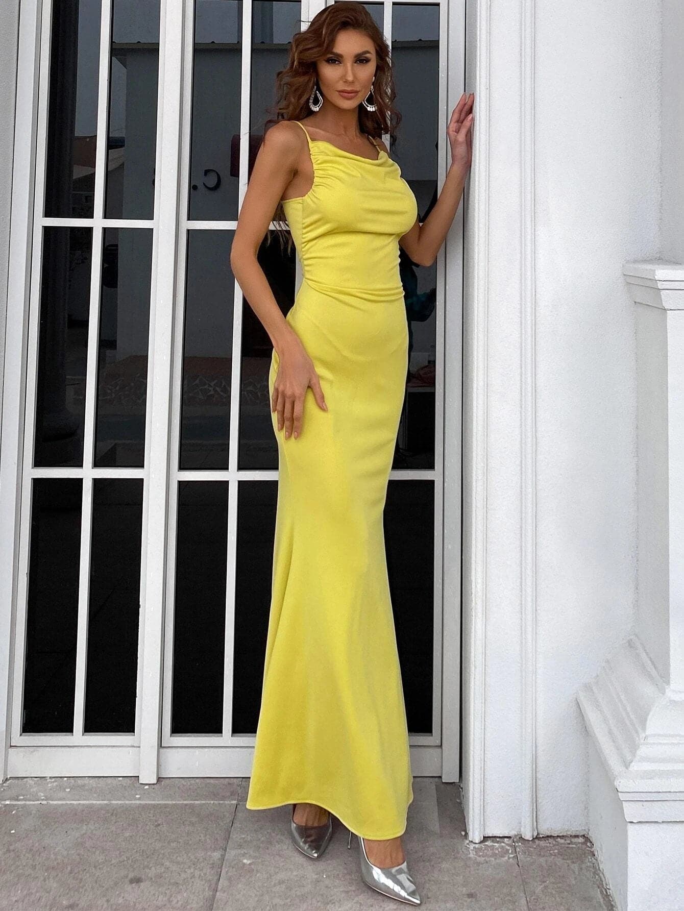 Ruched Zip Back Yellow Mermaid Knit Prom Dress M01602