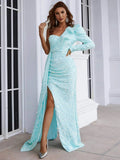 One Shoulder Split Blue Sequin Maxi Prom Dress JX083