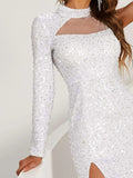Sheer Mesh Insert Split Thigh Sequin Maxi Prom Dress XJ263
