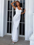 Embroidery Mesh Sleeveless Sequin White Maxi Dress M01741