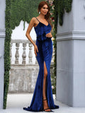 Strap Zip Back Split Blue Maxi Velvet Prom Dress XH1214