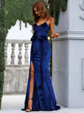 Strap Zip Back Split Blue Maxi Velvet Prom Dress XH1214
