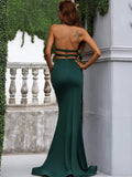 Cutout Zipped Backless Split Thigh Green Maxi Knit Prom Dress XJ188