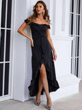 Off Shoulder Ruched Split Ruffle Black Prom Dress M01772