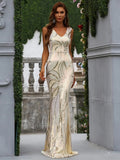 Sequin V Back Sleeveless Gold Mermaid Maxi Prom Dress XH1211