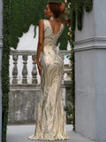 Sequin V Back Sleeveless Gold Mermaid Maxi Prom Dress XH1211