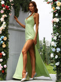 Deep V Neck Split Thigh Backless Green Maxi Knit Halter Dress XJ176