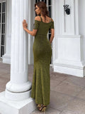Sequin Off Shoulder Split Olive Green Prom Dress M01615