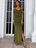 Sequin Off Shoulder Split Olive Green Prom Dress M01615