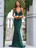 Plunging Neck Sleeveless Green Maxi Knit Mermaid Dress XJ187