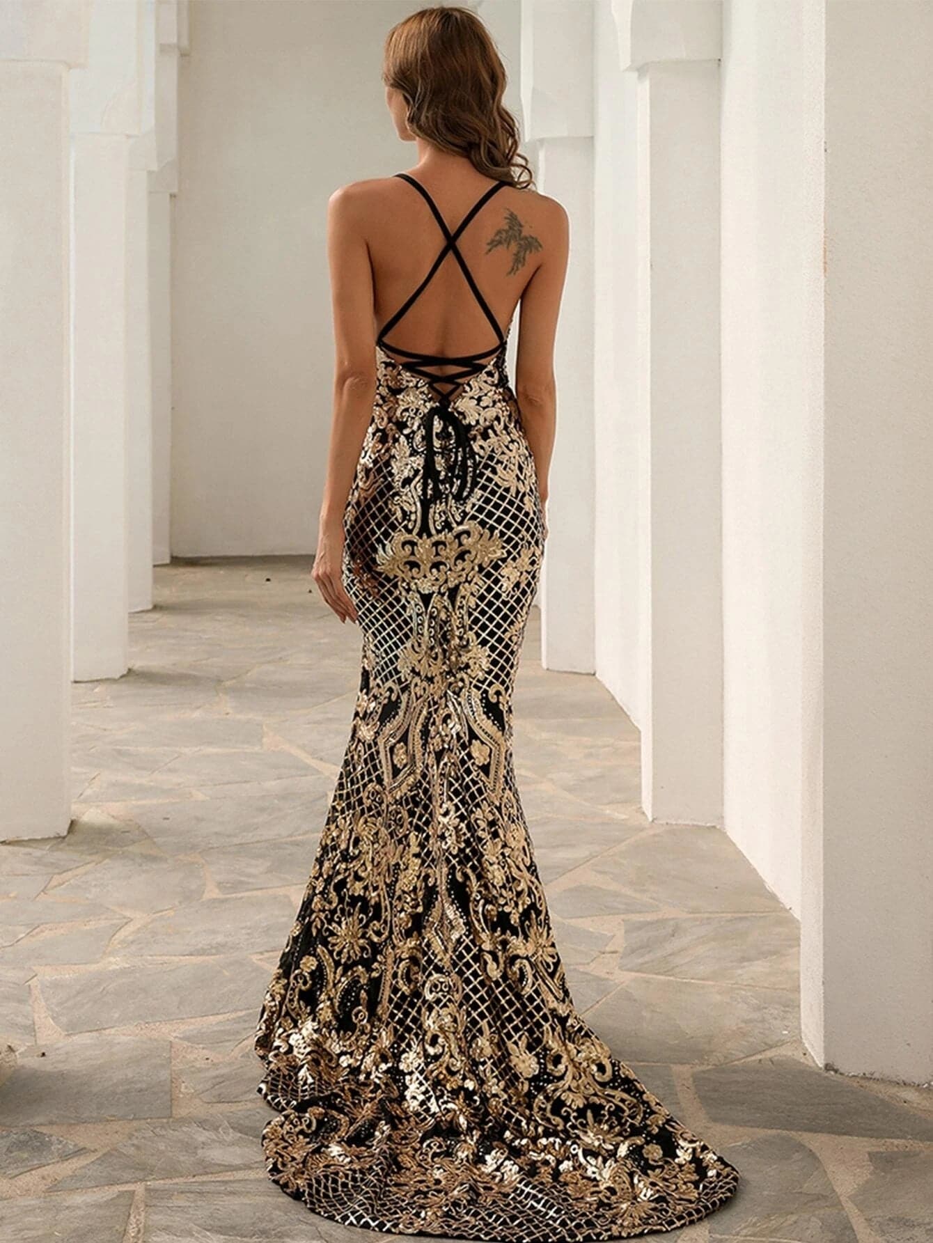 Baroque Lace Up Back Sequins Maxi Prom Dress M01086