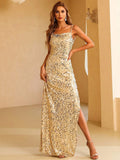 Strap Sleeveless Low Back Gold Sequin Dress XJ205